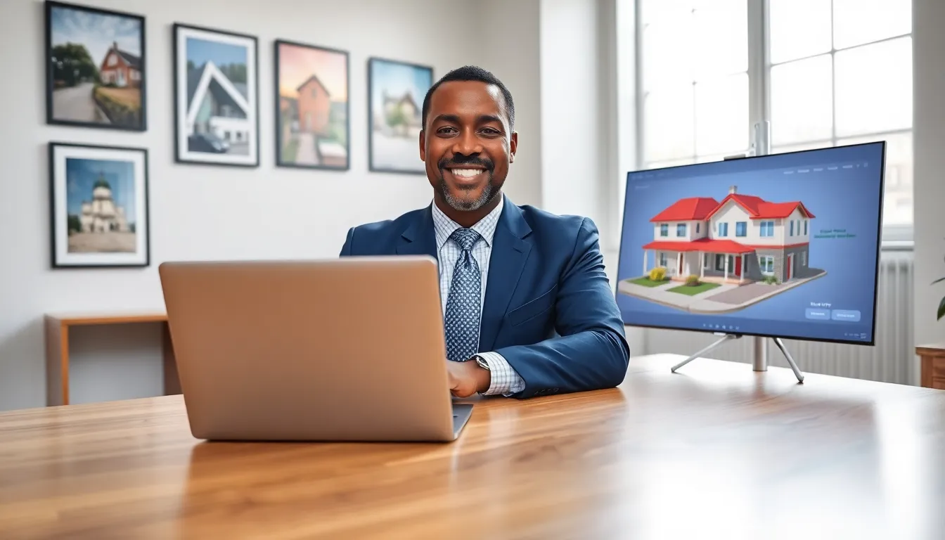 A real estate agent showcasing Homerocketrealty's platform in a modern office.