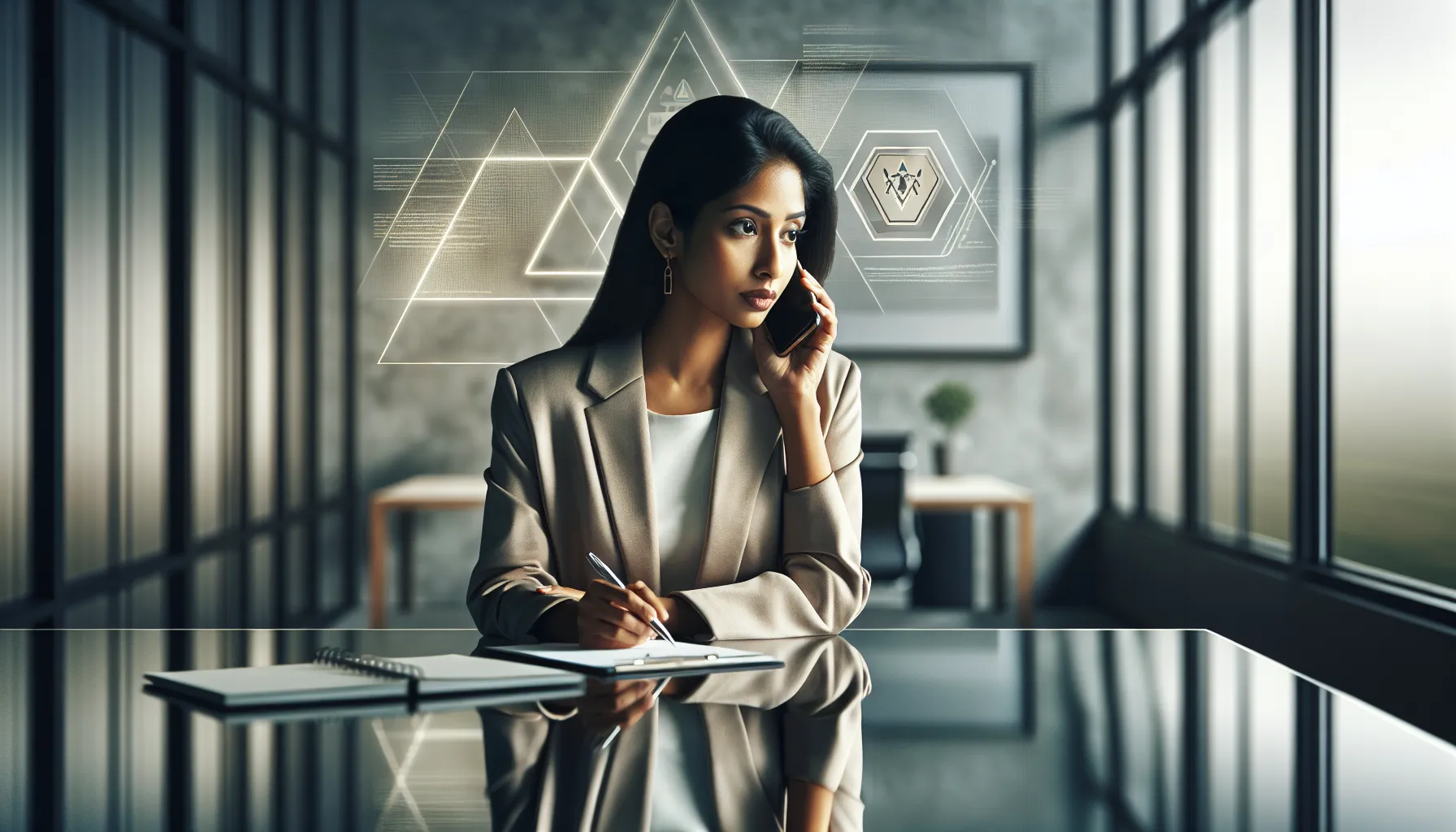 professional handling a phone call in a modern office setting.