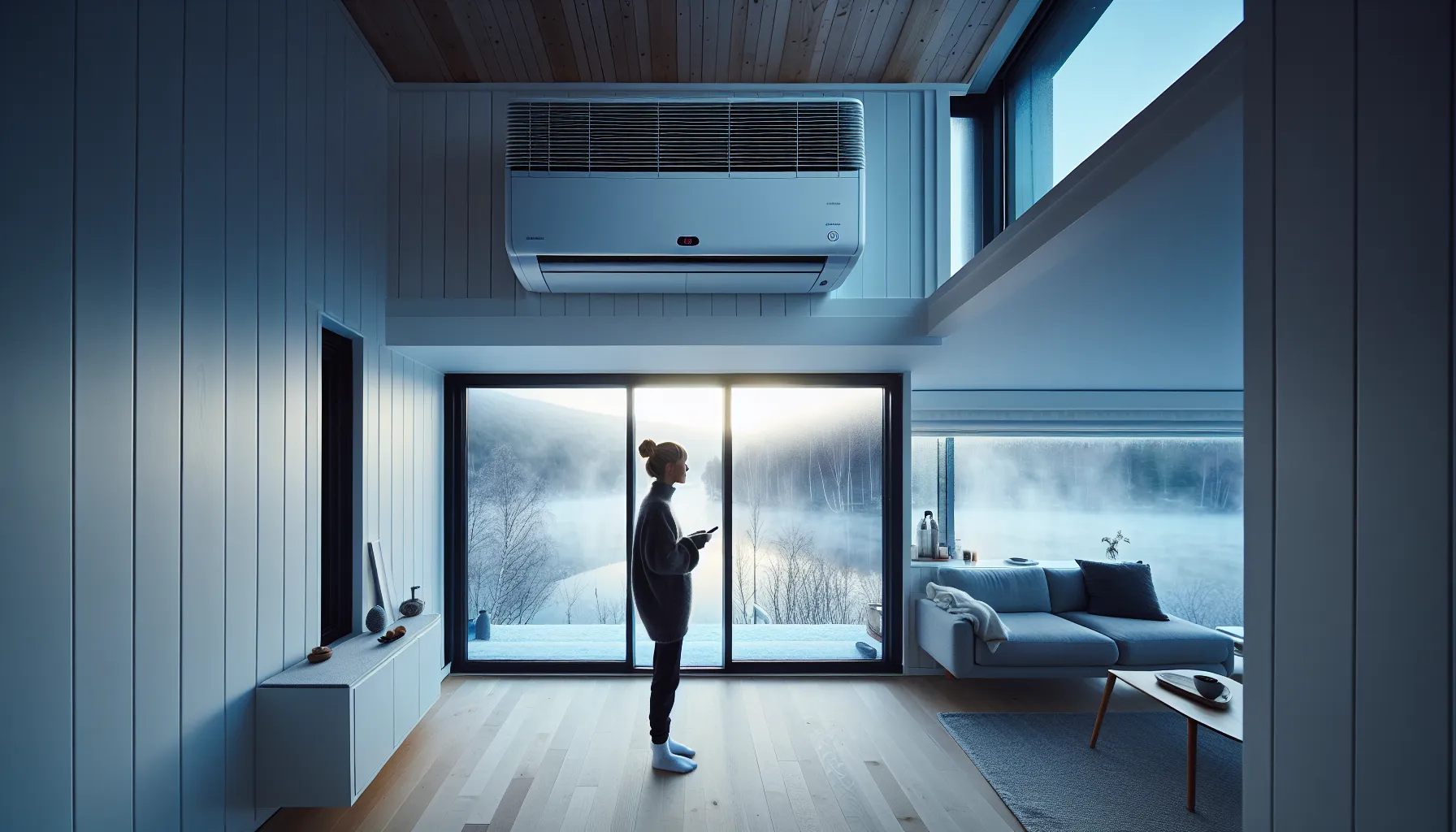 Woman adjusts heat pump in insulated norwegian home on a cold morning.