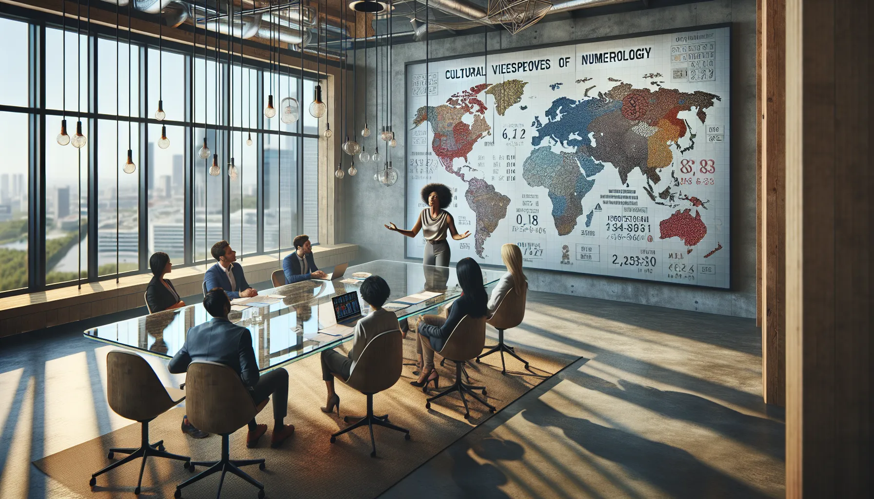 diverse team discussing numerology in a modern office.