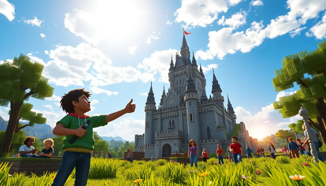 Players collaboratively building a castle in a colorful Minecraft landscape.