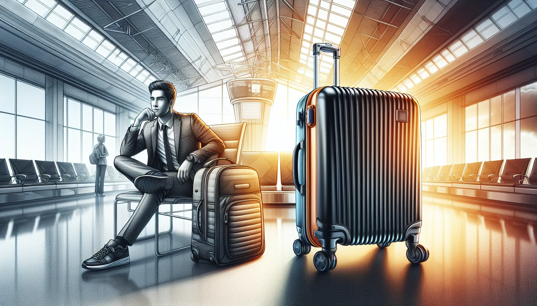 A carry-on and checked luggage in a modern airport setting.