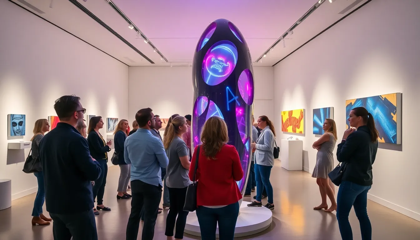 diverse attendees engaging with interactive technology art in a modern gallery.
