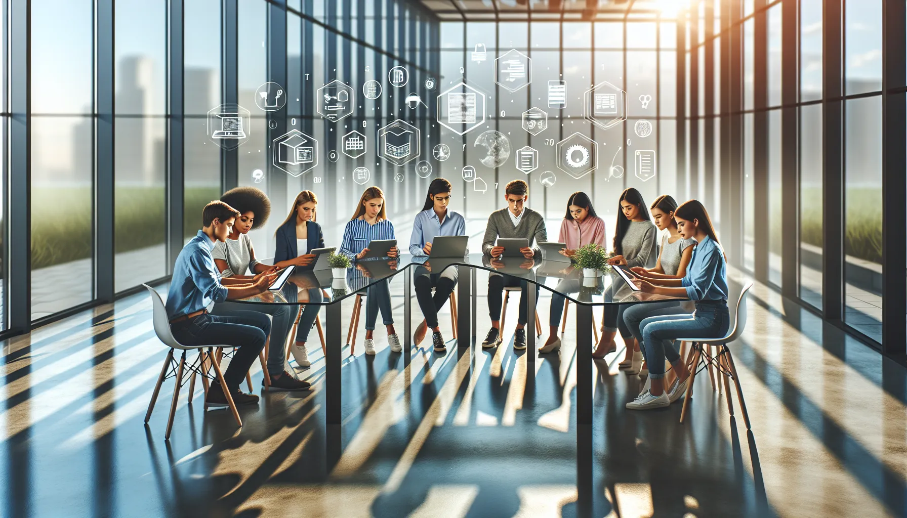 students collaboratively using UStudyBytes app in a modern workspace.