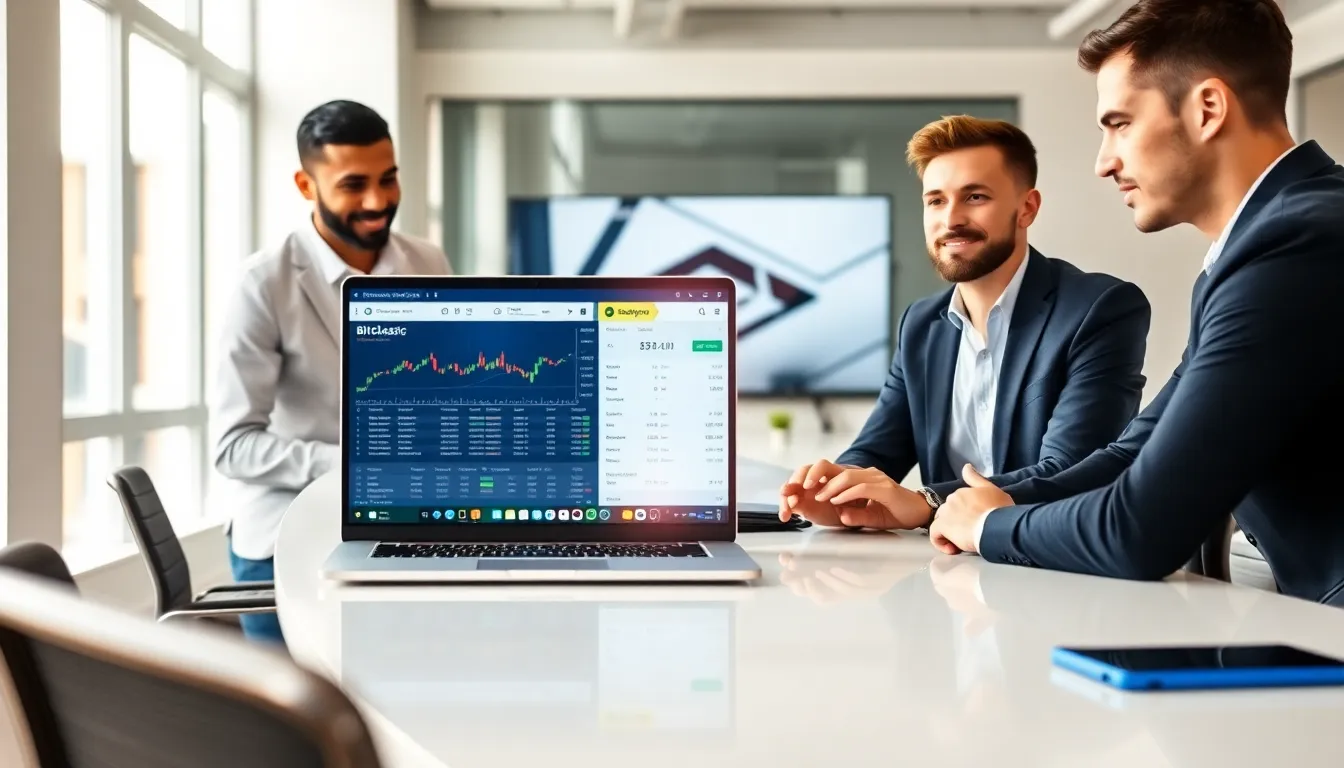 professionals discussing cryptocurrency at a modern office table.