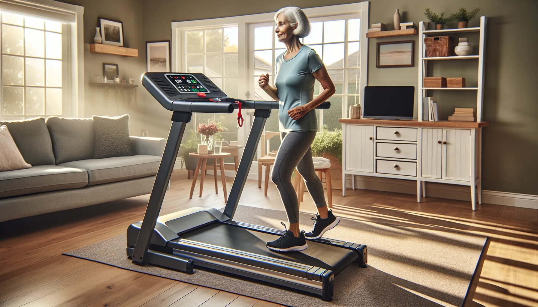 Senior woman walking on stable treadmill; folded treadmill and under-desk walking pad nearby.