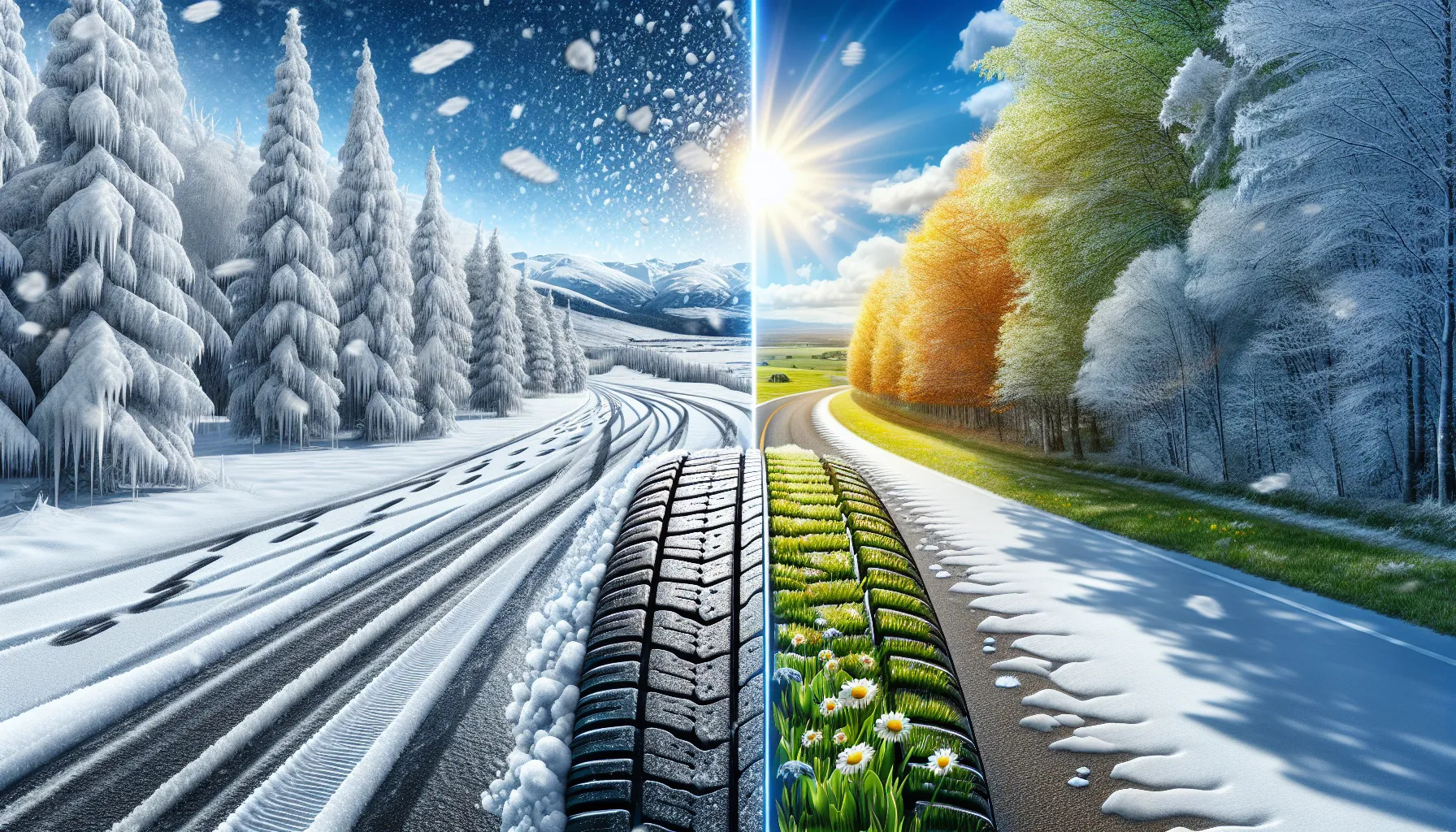 A composite image of winter and spring road conditions with a central car tire.
