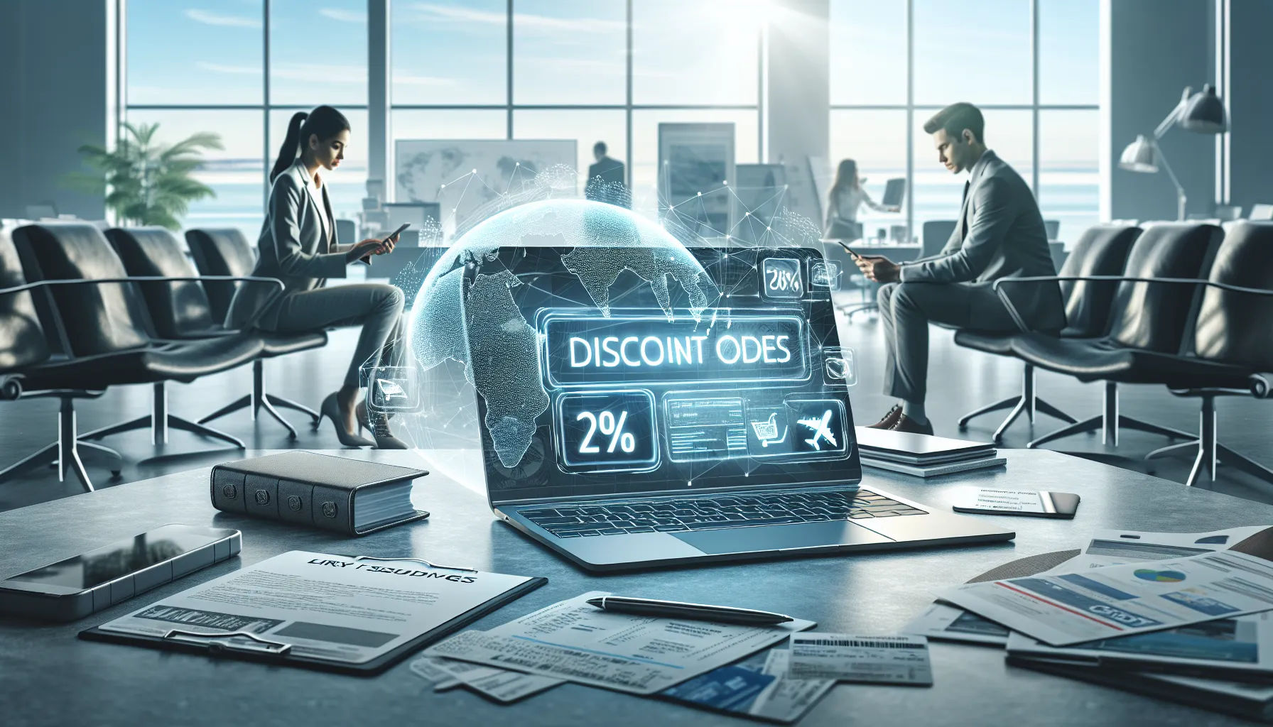 laptop displaying discount codes for air travel savings.