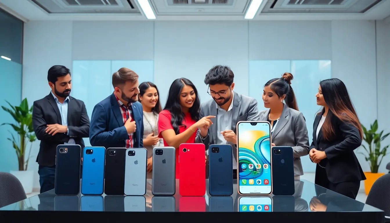 diverse group reviewing Tecno phones in a modern office.
