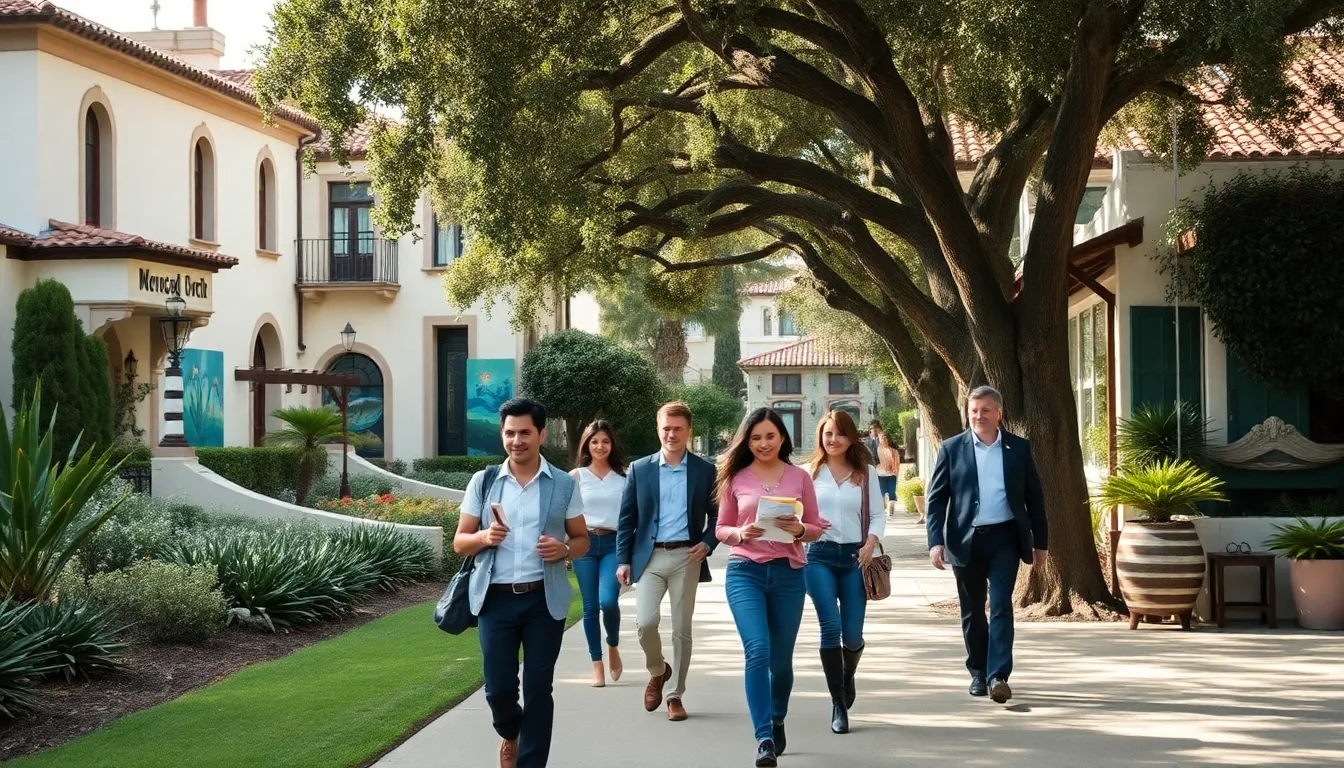 diverse group exploring Montecito Village's historic beauty and art.