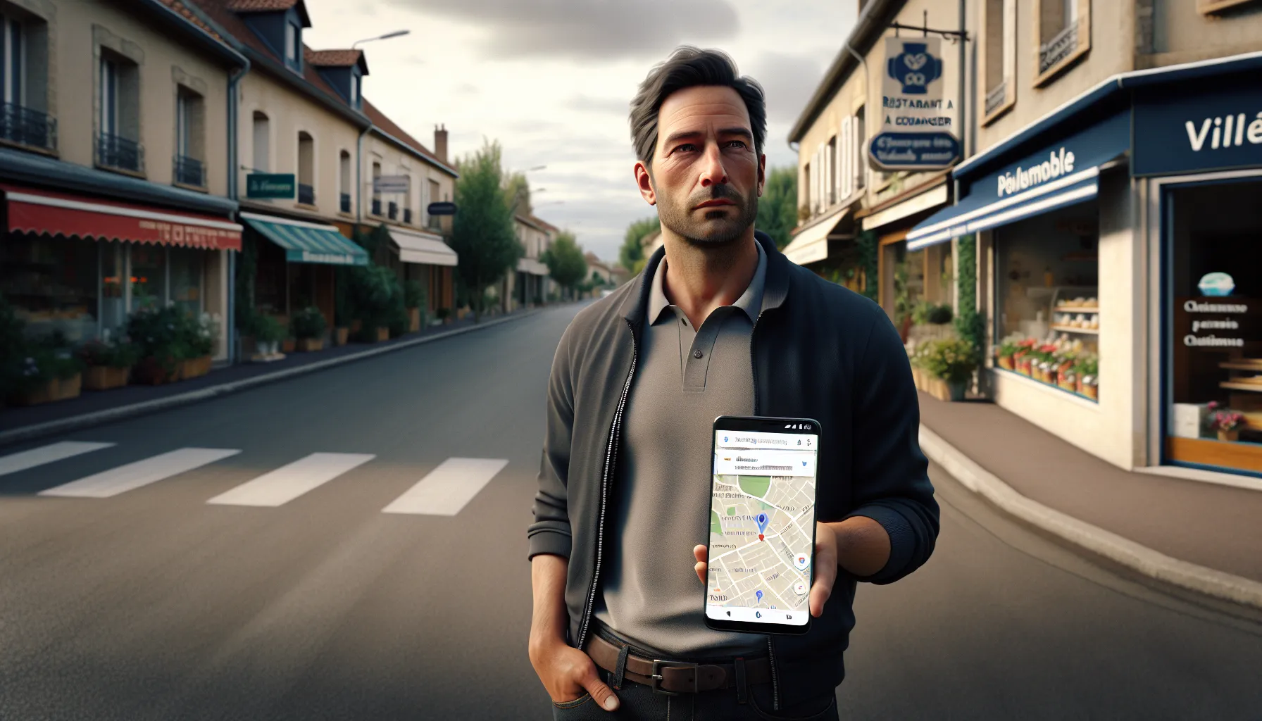 Local Villemomble shop owner checking Google search and map results on smartphone.