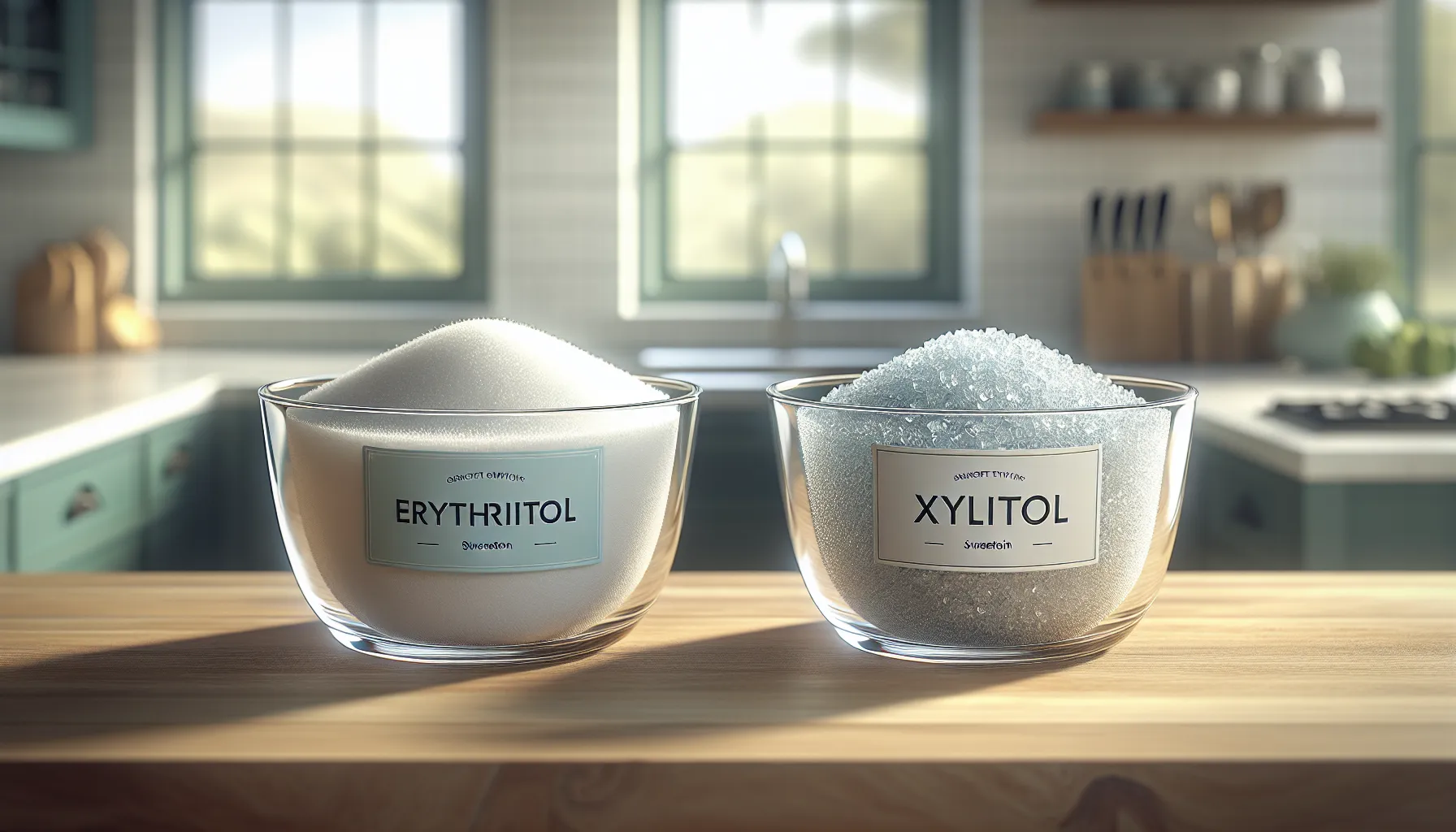 Two bowls with different sugar substitutes, erythritol and xylitol, labeled for comparison.