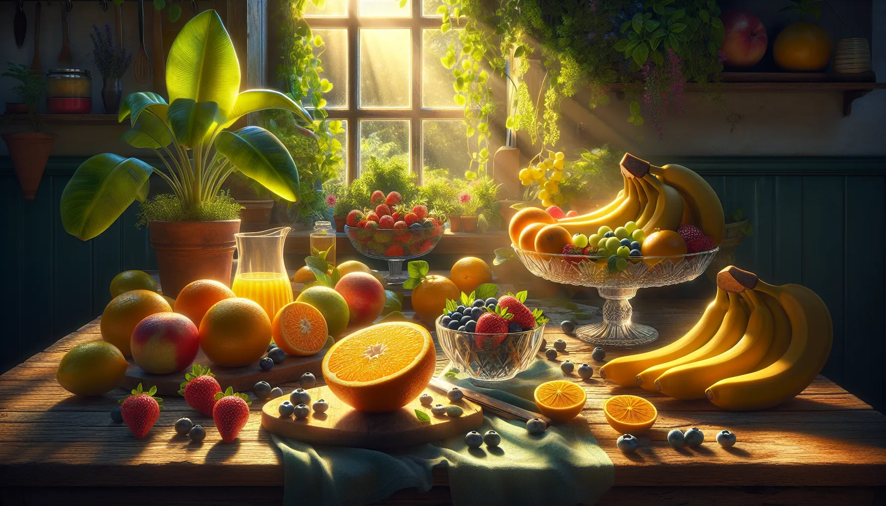 a colorful kitchen counter with fresh fruits highlighting their nutritional value.