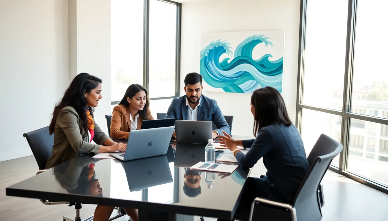 diverse team collaborating in a modern office on sustainable projects.