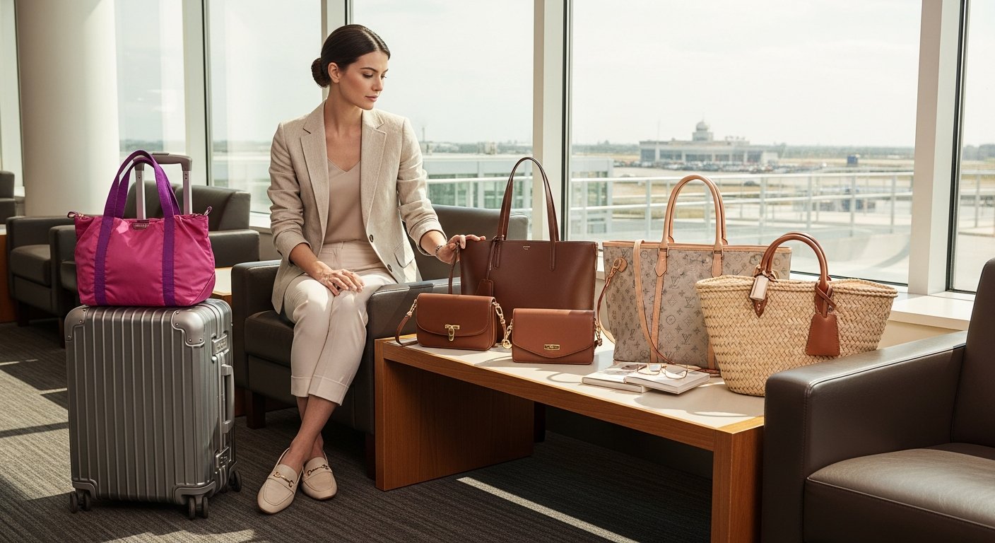 Woman comparing designer travel handbags in a modern airport lounge.