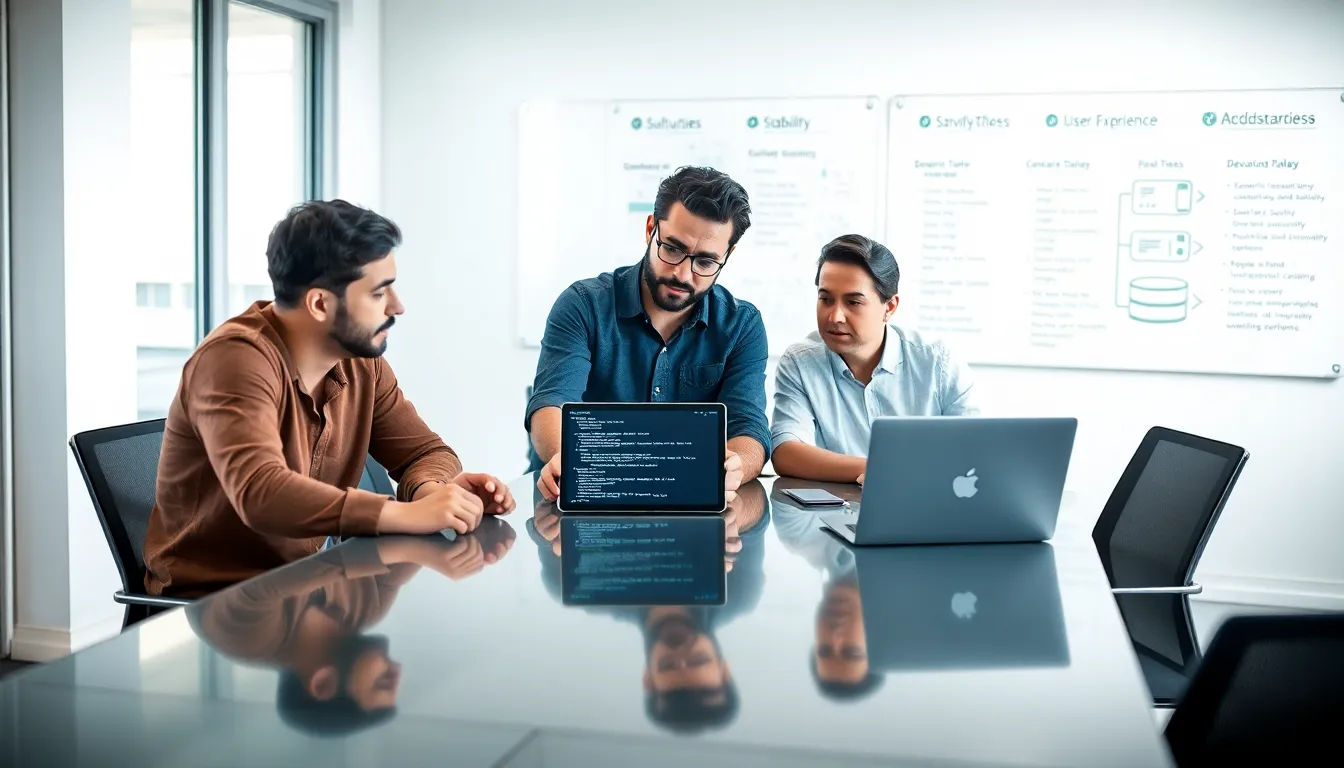 developers discussing software glitches in a modern office setting.