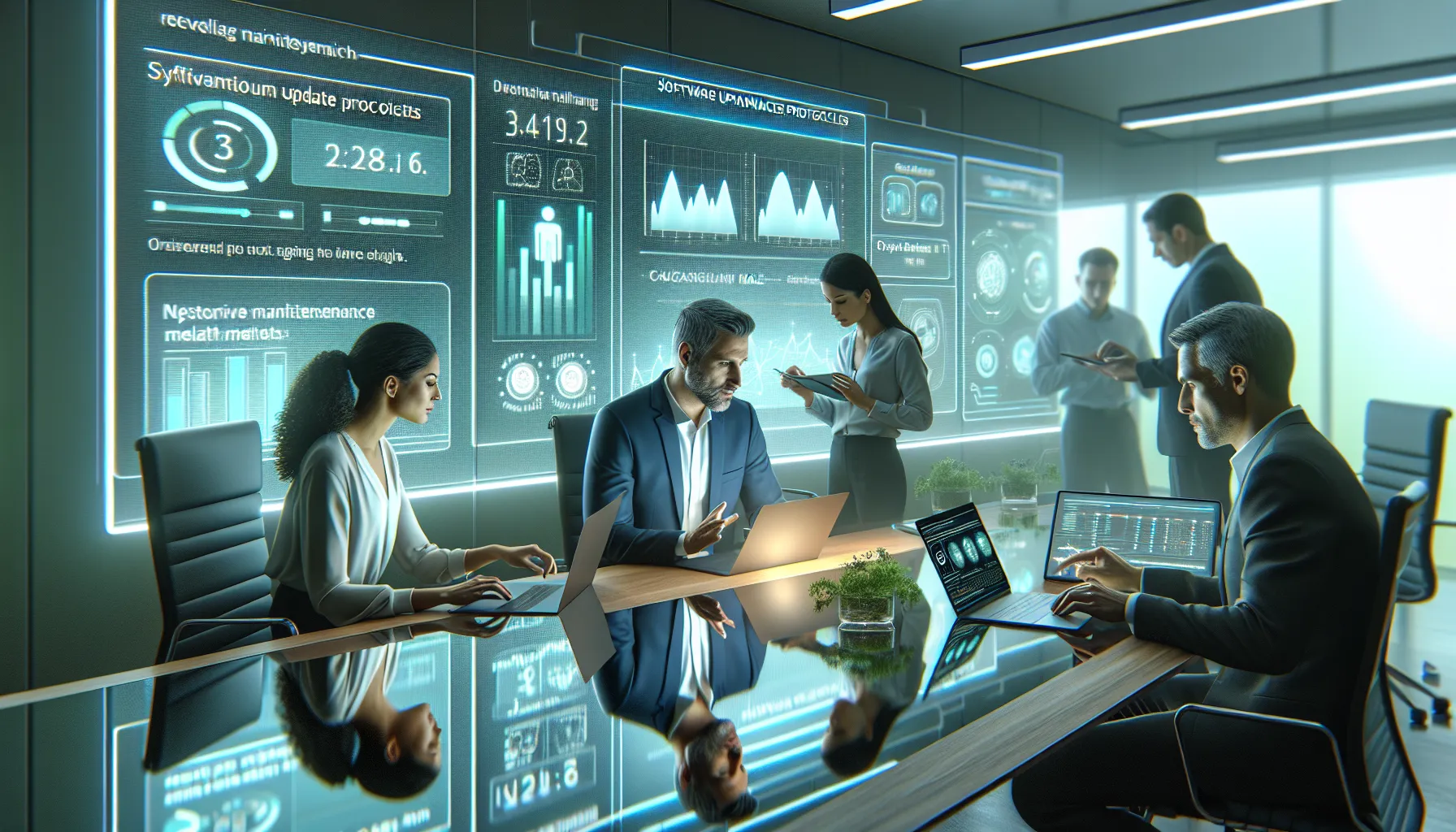 diverse IT team discussing systems maintenance in a modern office.