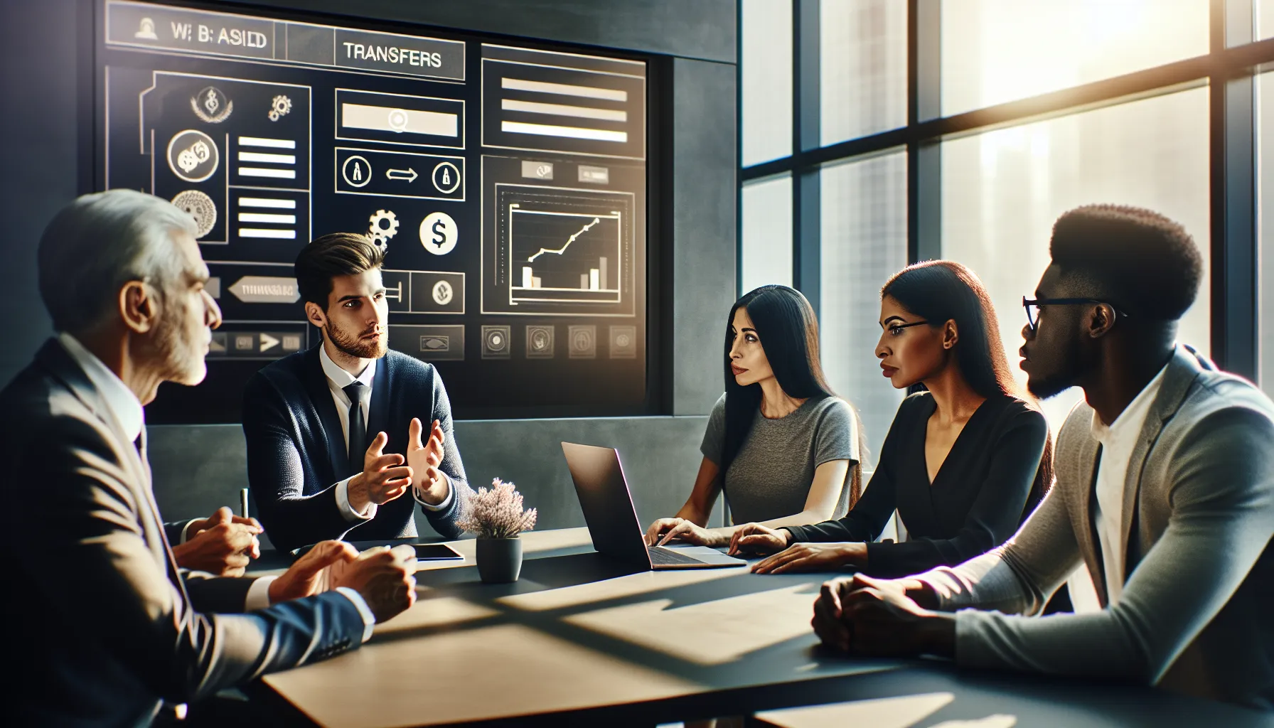 diverse professionals discussing money transfer options in a modern office.