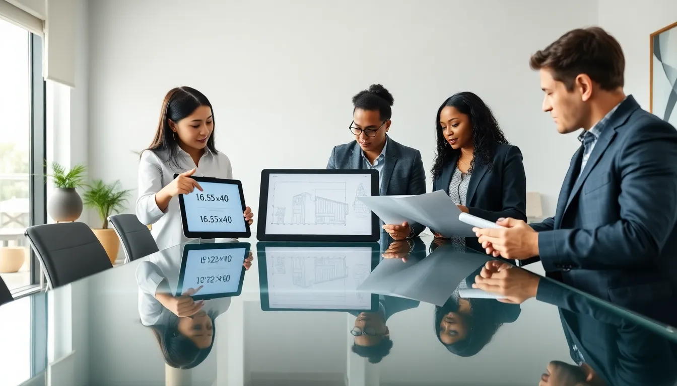 a diverse team discussing measurements in a modern conference room.