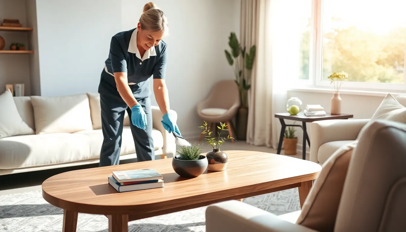 professional cleaner in a welcoming living room for seniors.