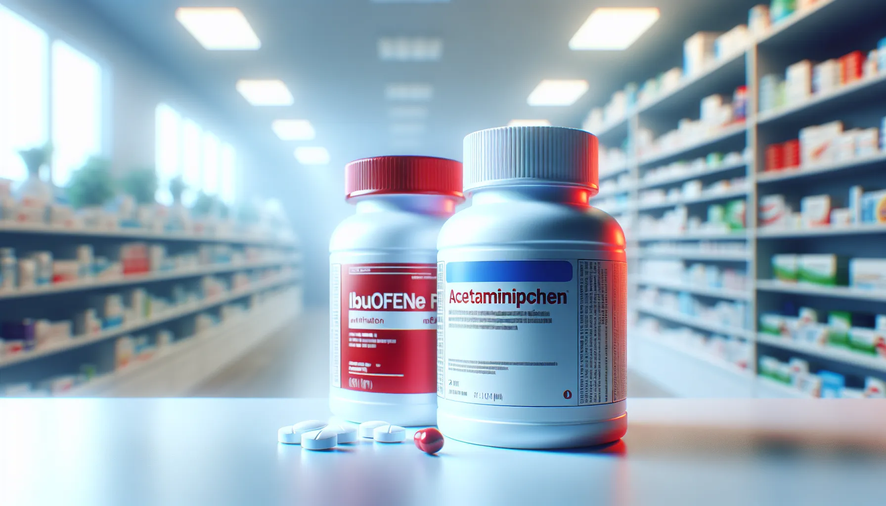 Two medication bottles labeled ibuprofen and acetaminophen on a pharmacy counter.