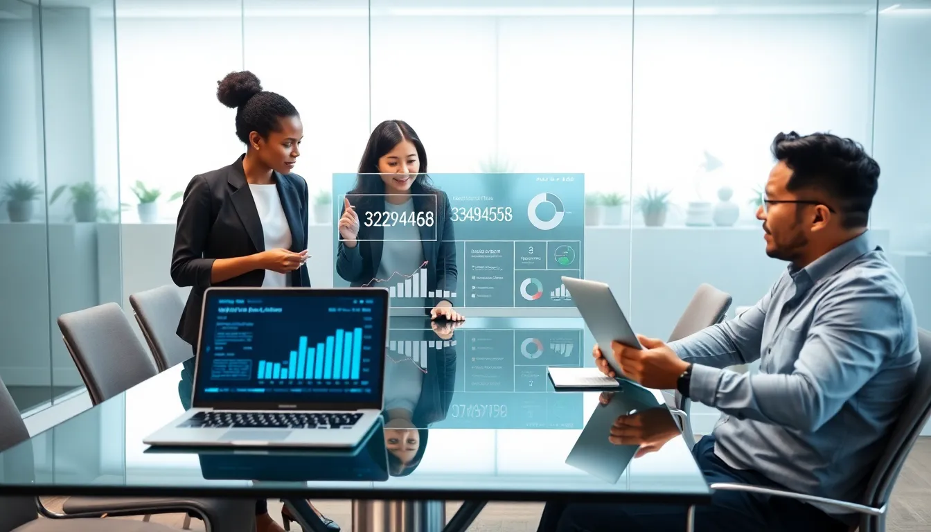 diverse professionals discussing data analytics in a modern conference room.