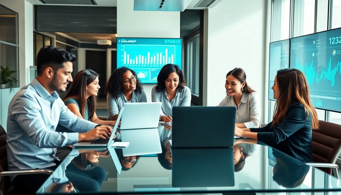 diverse professionals collaborating in a modern office setting.