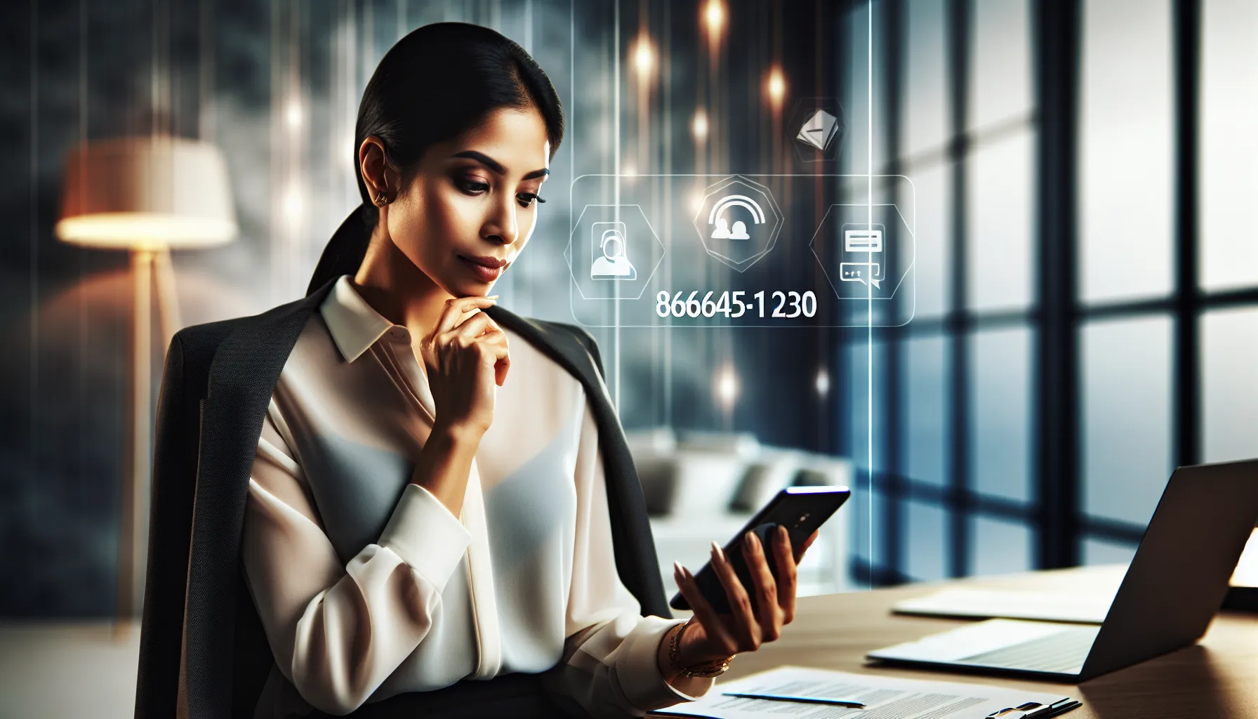 professional evaluating a call from 8664571230 in a modern office.