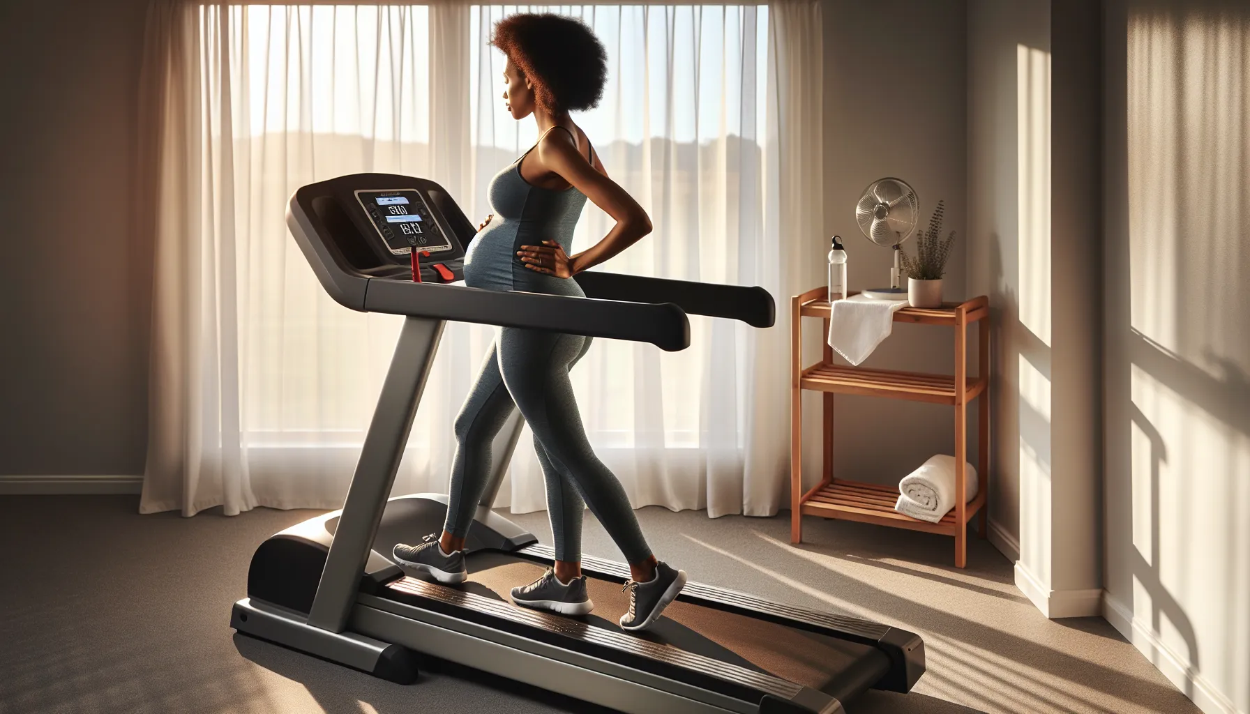 Pregnant woman walking gently on treadmill with safety clip, water, and fan.