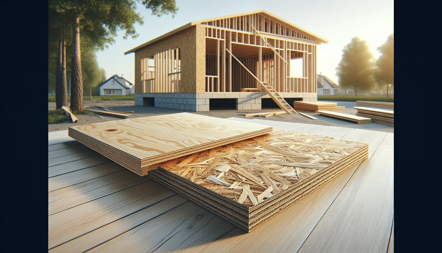 Side-by-side comparison of plywood and OSB panels on a wooden table.