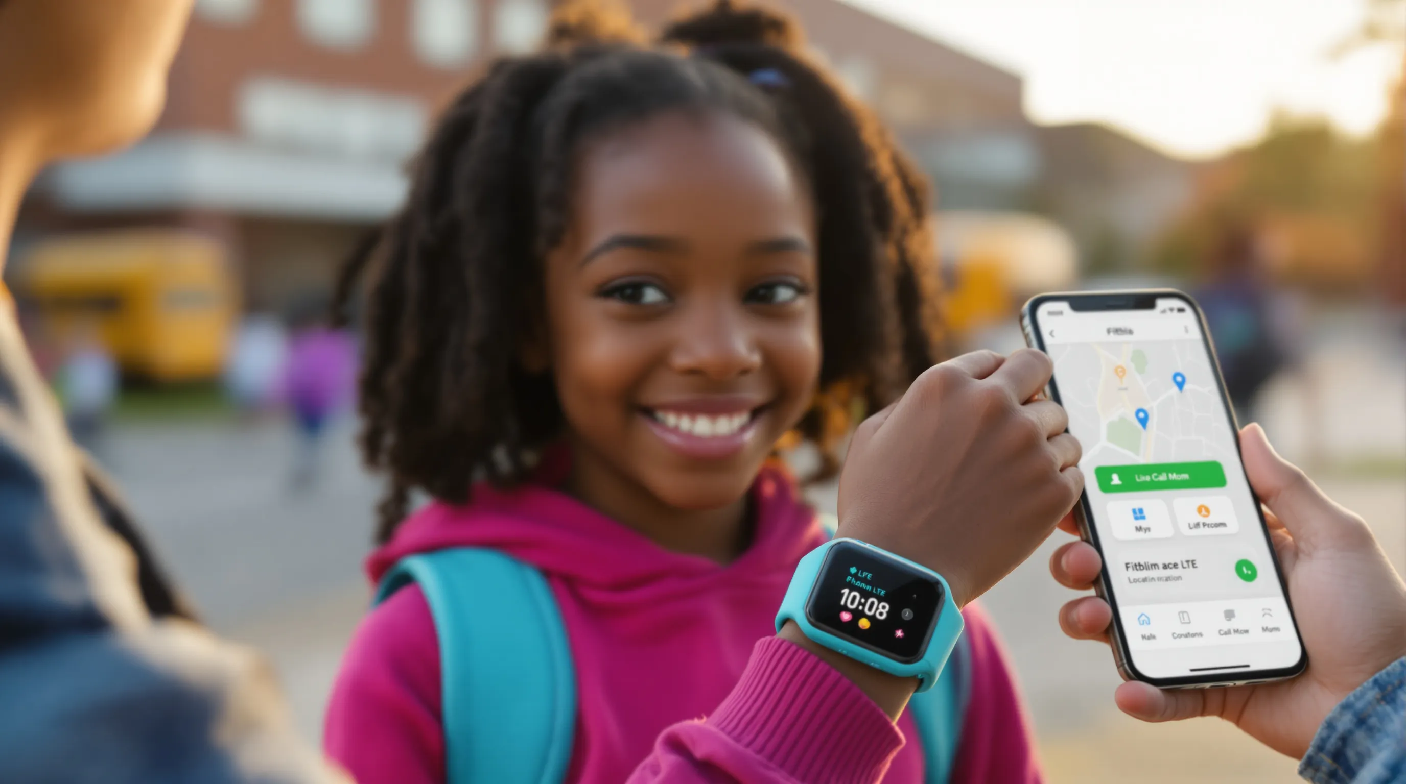 Child shows Fitbit Ace LTE with GPS and rewards after school.