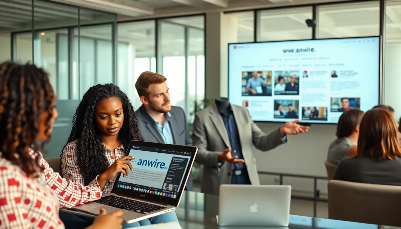 diverse professionals discussing an educational website in a modern office.