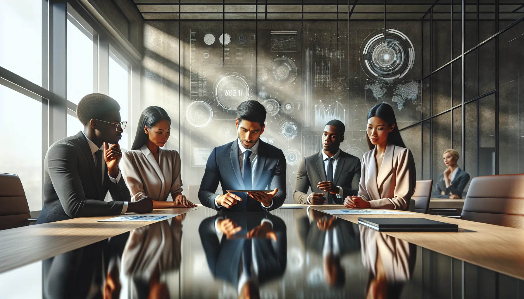 diverse professionals discussing telecommunications in a modern office.