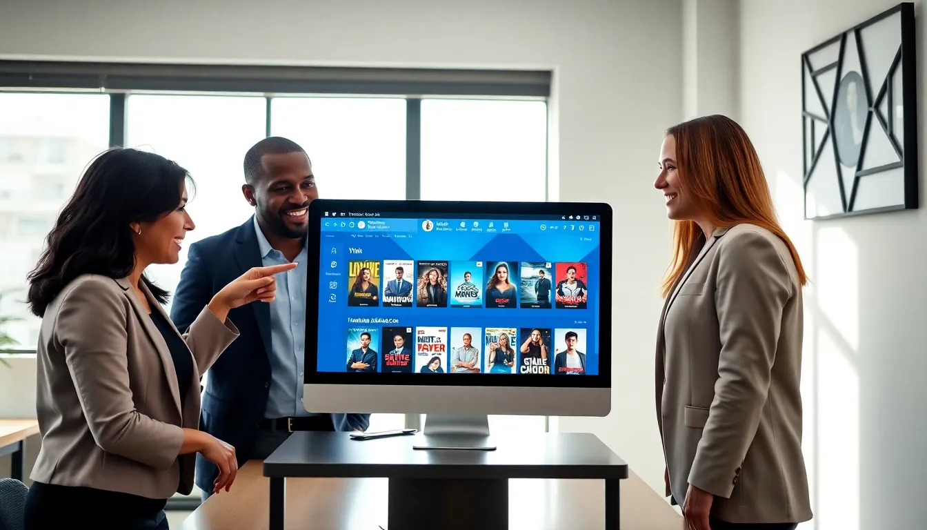 diverse team discussing the Ymovieshd.Con streaming site in a modern office.