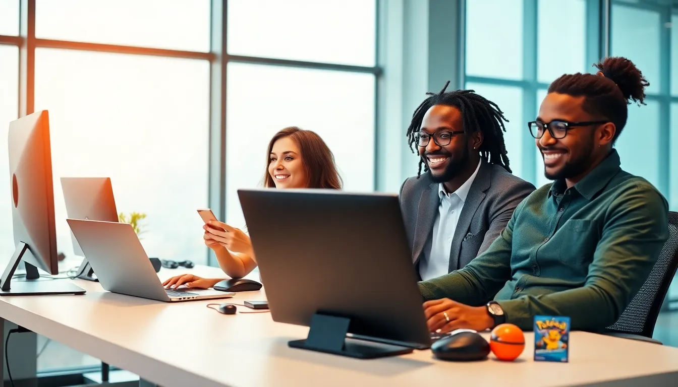 diverse team in a modern office playing Pokémon on their computers.