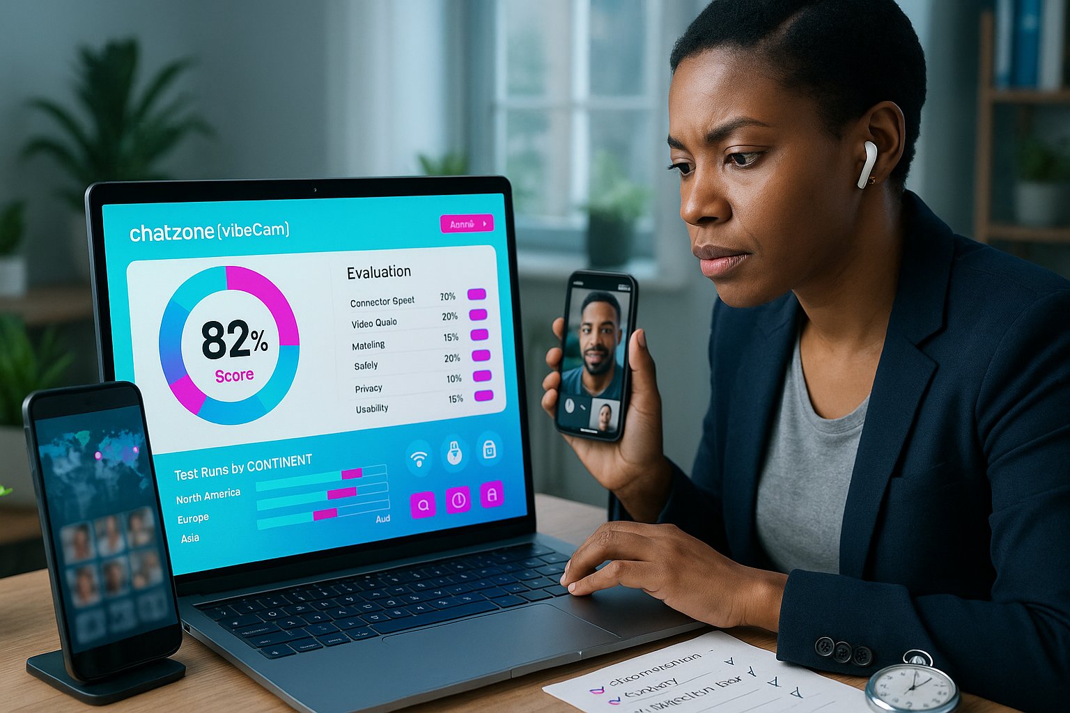 Reviewer at laptop with chatzone evaluation dashboard and smartphone.
