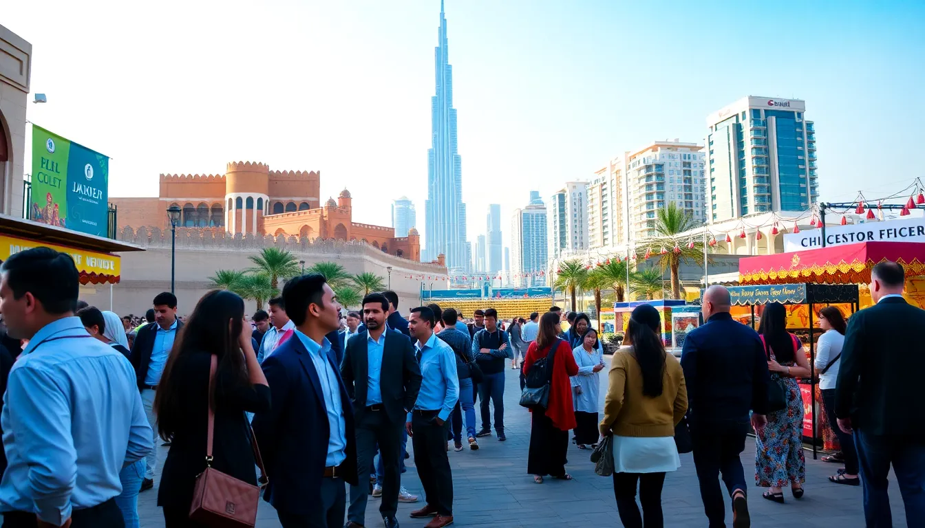 diverse professionals enjoying Dubai's skyline and culture.