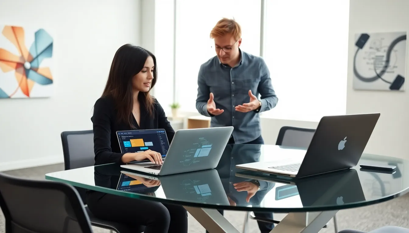 developers discussing low code and high code software development in a modern office.