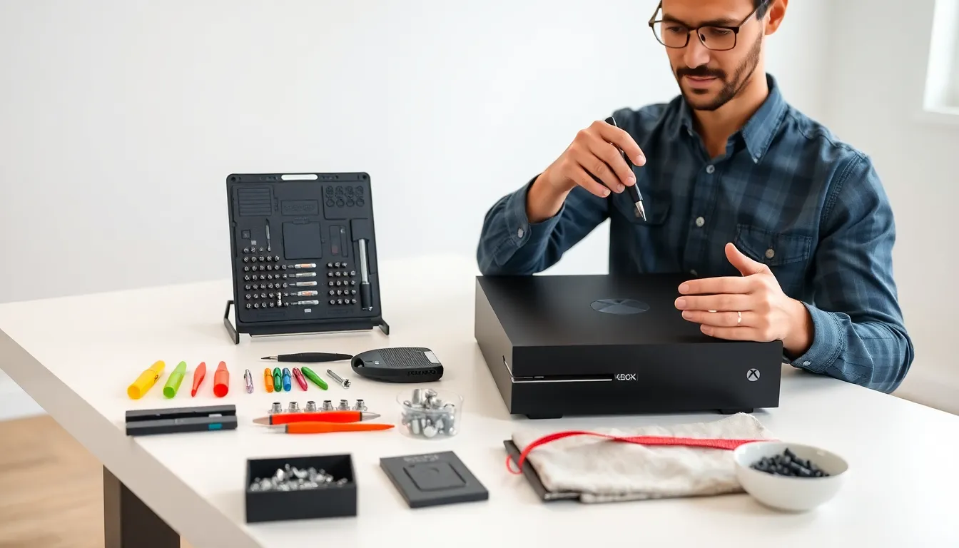 Workspace with tools for disassembling an Xbox Series S.