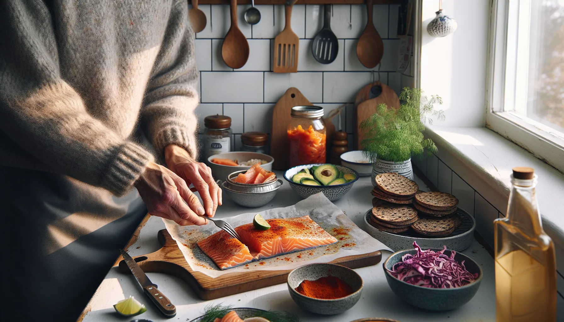 Oven-baked salmon tacos with chicken slices and mackerel on whole-grain bread.