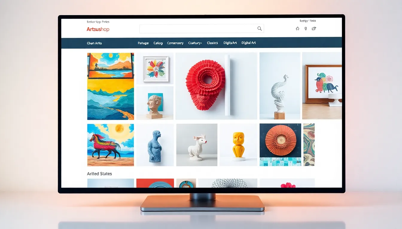 various artworks displayed on a modern online shopping interface.