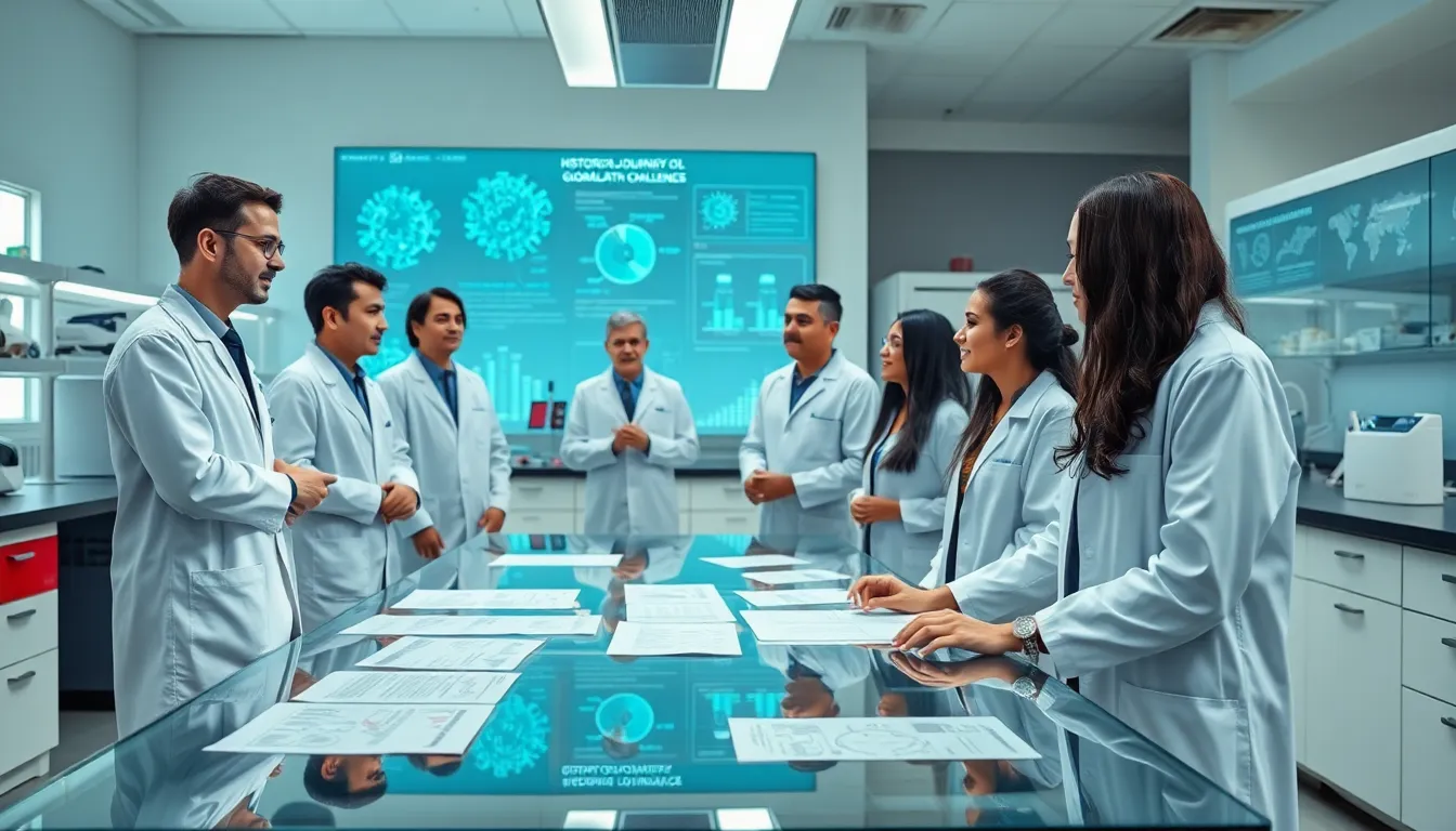 diverse researchers collaborating in a modern laboratory on Zarovviraf153.