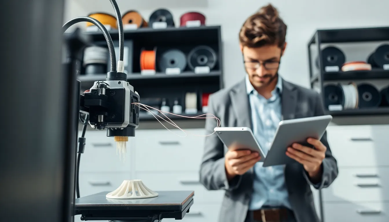 technician examining a 3D printer showing stringing issue.