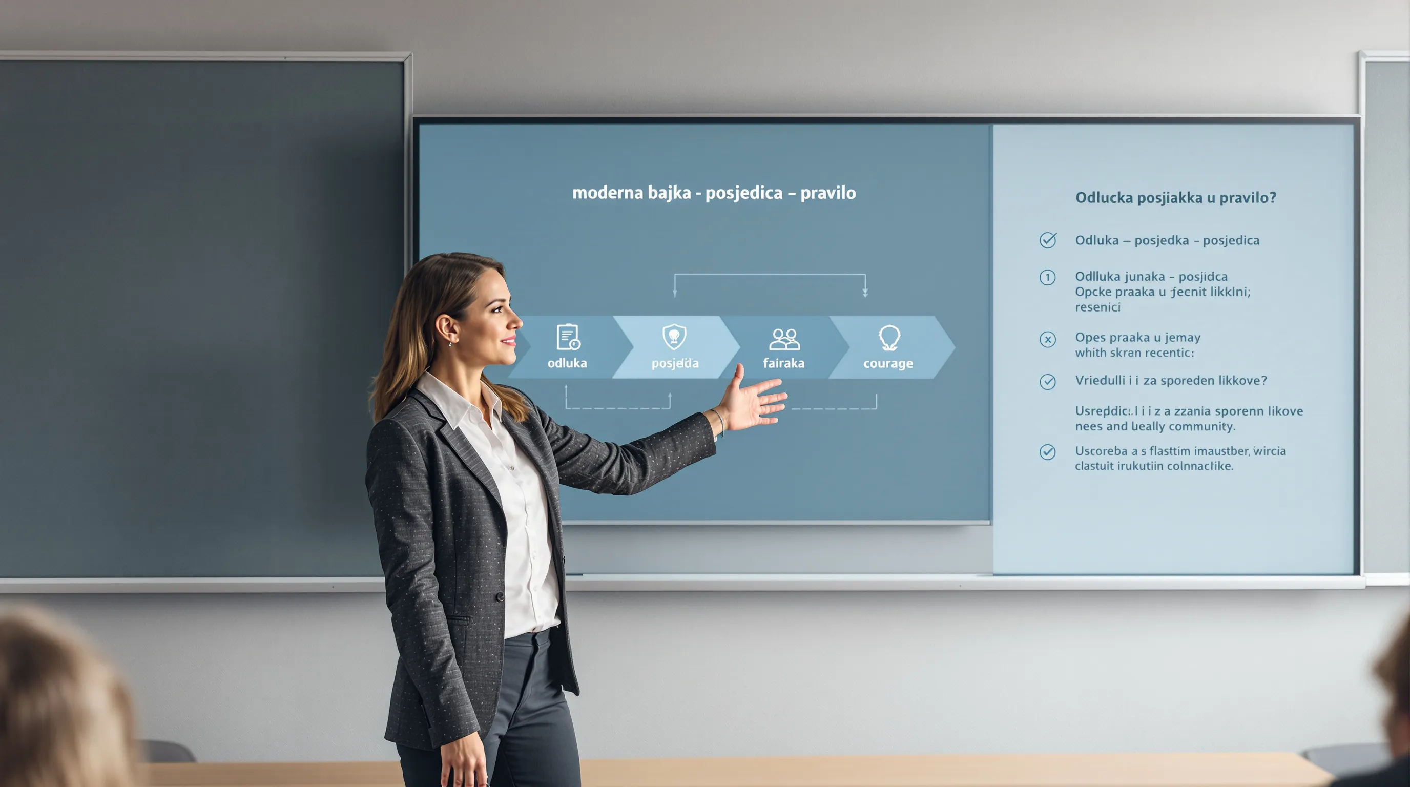 Teacher and students analyze a modern fairy tale on a digital board.