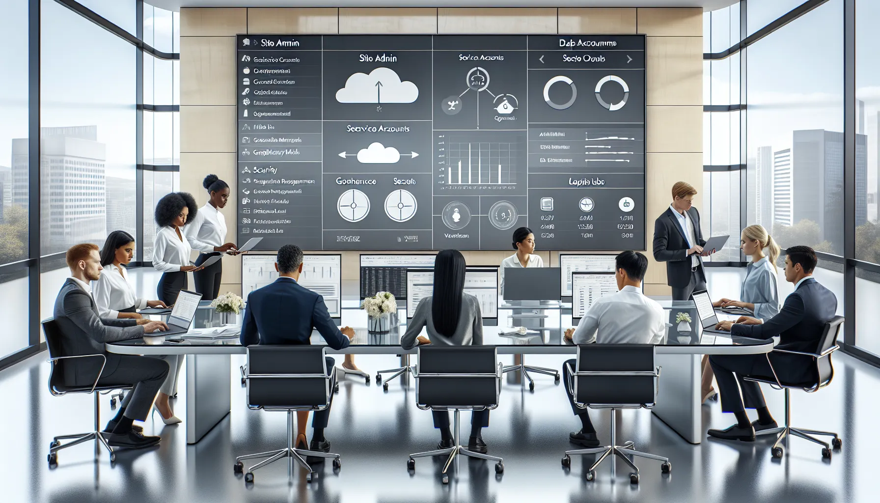 Diverse analytics team managing governed Tableau Cloud schedules in a modern office.