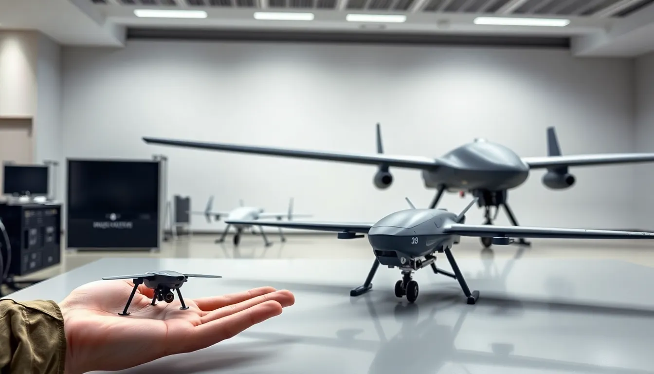 various sizes of military drones displayed in a modern military setting.