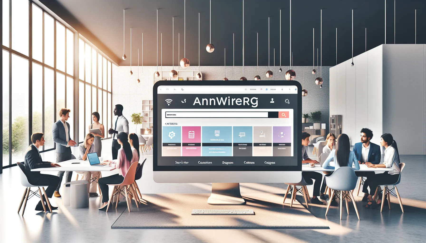 professionals collaborating over a computer displaying Anwire.org's homepage.