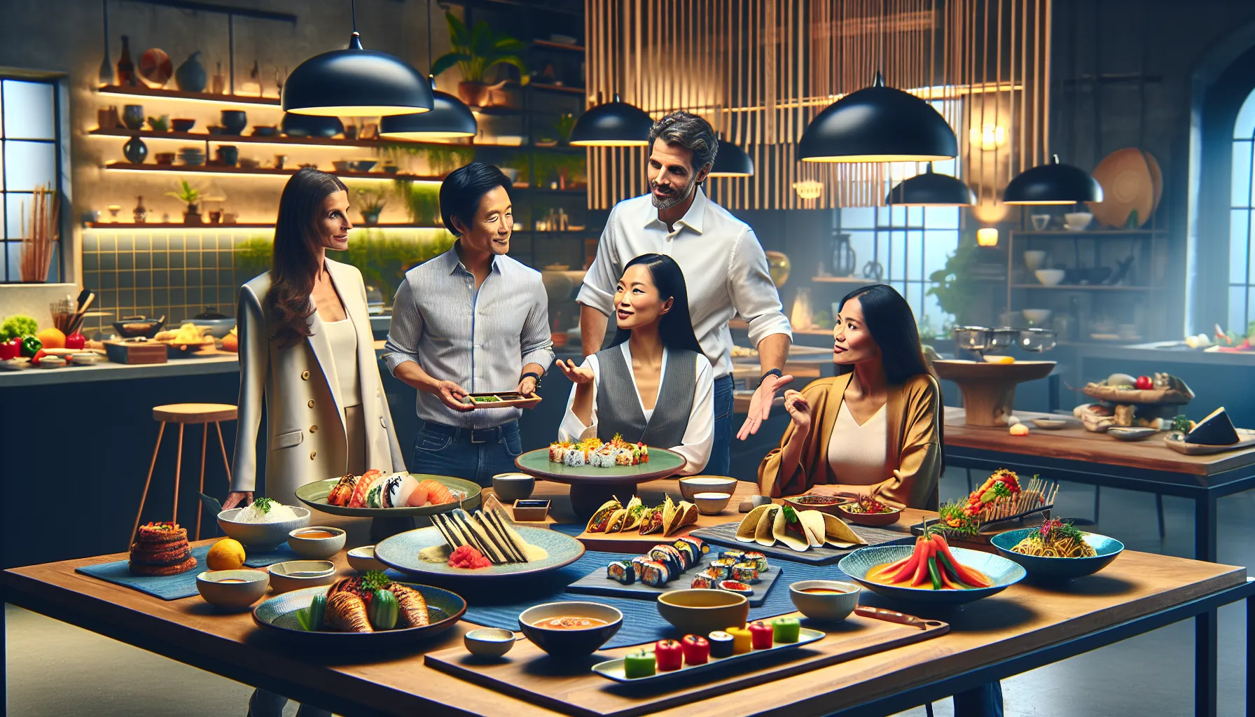 diverse group sharing global cuisines at a dining table.