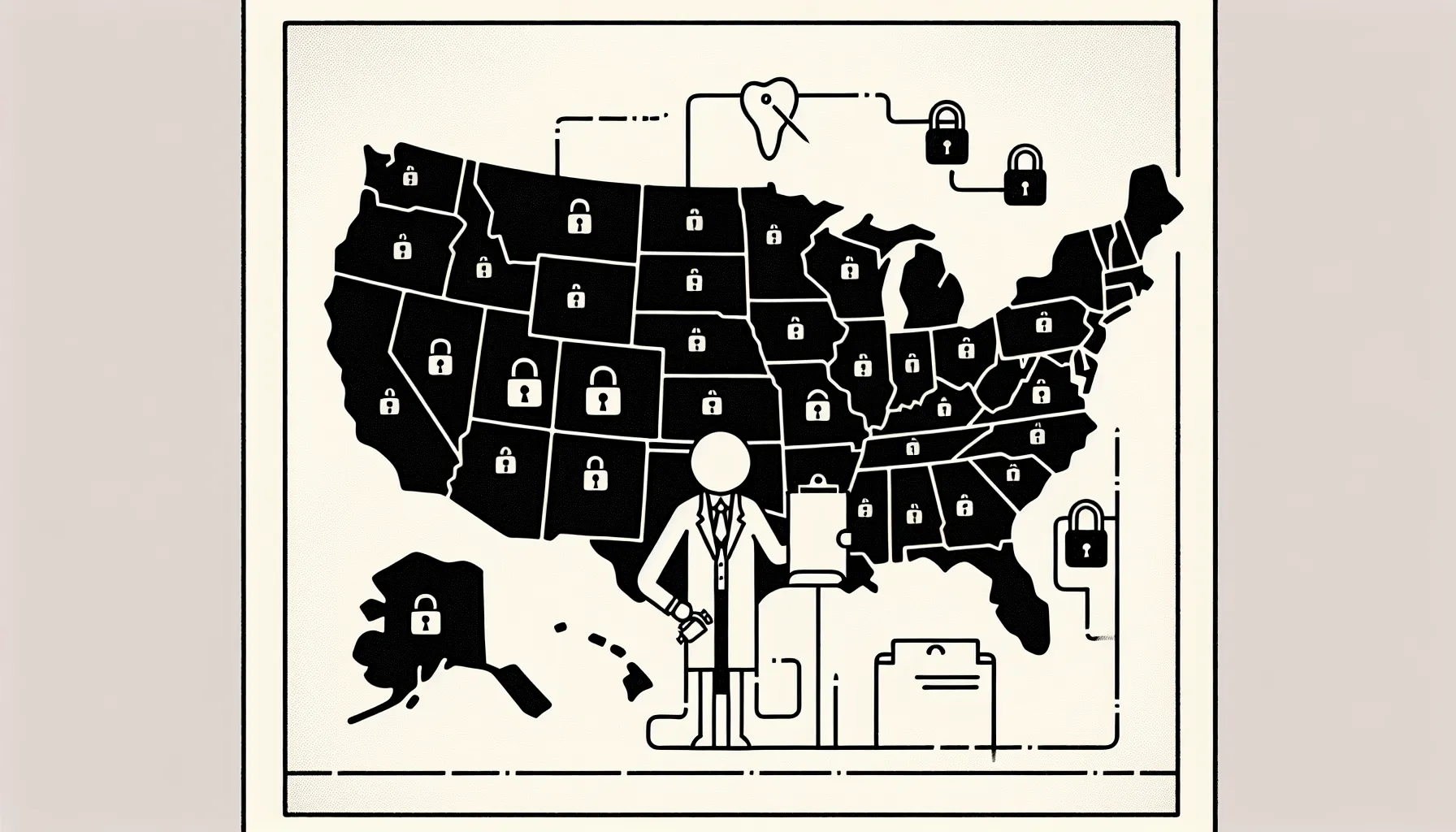 Line-art US map with icons showing state noncompete differences and a dentist holding a contract.