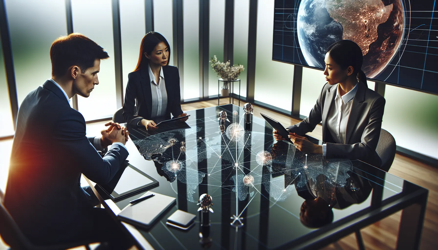 professionals discussing satellite industry challenges in a modern conference room.